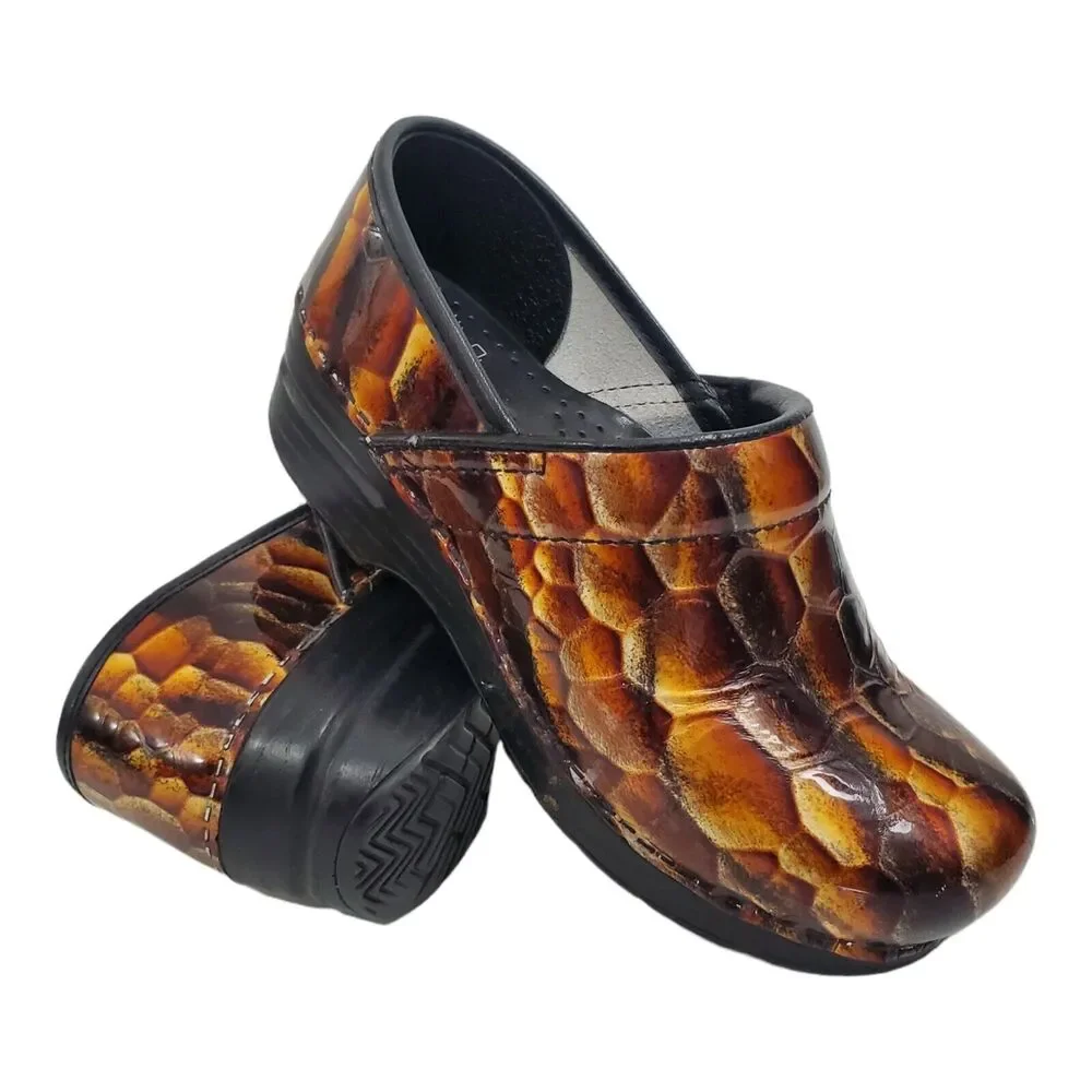 DANSKO Shoes Womens Size 37 US 7 Brown Animal Print Patent Leather Nursing Clogs
